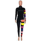 Turtleneck Long Sleeve Color Stripes Print T-shirt Leggings Suit CYAO-8068