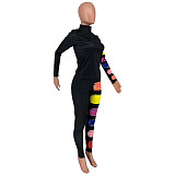 Turtleneck Long Sleeve Color Stripes Print T-shirt Leggings Suit CYAO-8068