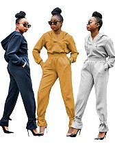 Solid Color V-neck Long Sleeve Hoodie Straight Pants 2piece Set WM-938