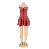 Women Vintage Sleeveless Strap PU Leather Bodycon Mini Dress AIL-152