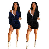 Velvet Long Sleeve Zipper Top Mini Skirt Two Piece Outfits LSL-6022