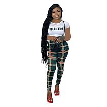 Women's Plaid Suspenders Pants+Short Sleeve T-shirt Two Pieces AWY-712