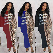 Casual Long Sleeve Leopard Letters Print Round Neck Loose Dress TK-6046