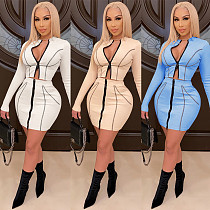 Zipper Long Sleeve Crop Tops+Bodycon Skirt Two Piece Sets BY-3892