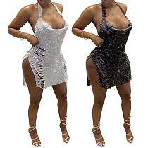 Sexy Halter 2 Slits Clubwear Backless Sequin Short Dress PN-6656