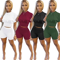 Solid Short Sleeve Crop Top Shorts Summer Two Piece Set MZ-2629