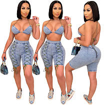Woman Back Lace Up Halter Bra+Knee Length Pants 2 Piece Set CN-0093