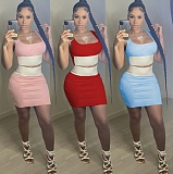 Stitching Color Cropped Vest Bodycon Mini Skirt Two Piece Set MEI-9156