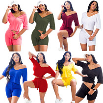 Solid Color Three-quarter Sleeve V Neck Top Shorts 2 Piece Set OY-6257