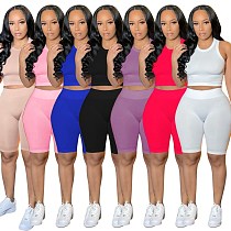 Solid Color Sleeveless Crop Tops Biker Shorts Two Piece Set YMT-6204