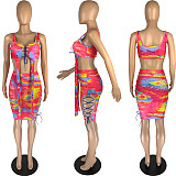 Sexy Tie Dye Crop Top Bandage Bodycon Two Piece Dress Set MN-9293