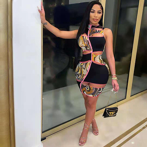 Sexy Stitching Print Sleeveless Cut Out Skinny Club Dress FST-7172