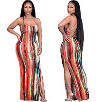 Tie-dye Printed Hollow Out Backless High-waisted Halter Dress HMS-5440