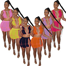 Women Lace Up Sexy Crop Tops Mini Skirts 2 Piece Matching Set TK-6161