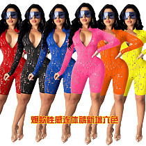 Solid Color Ripped Long-sleeved Front Zipper Bodycon Romper ME-779