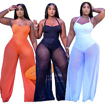Sexy Solid Color Mesh Splice Sleeveless Wide Leg Jumpsuit XY-9091