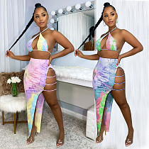 Tie-dye Print Bikini Split Skirt Separate Beachwear 2 Piece Set WXY-8842