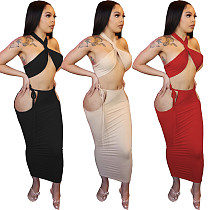 Sexy Solid Hollow Out Bandage Crop Top Long Skirt 2 Piece Set WY-6774
