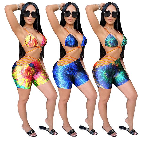 Sexy Tie Dye Print Halter Lace Up Bikini Beach Two Piece Sets TEN-209
