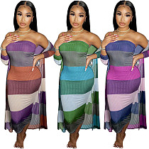 Knitted Long-sleeved Cover Up+Strapless Dress Two Piece Set OSM-4329