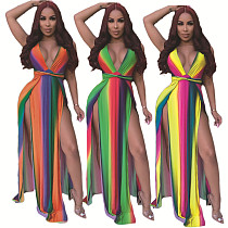 Sexy Rainbow Striped Print Deep V Neck High Slit Maxi Dress DAI-8165