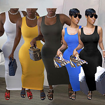 Women Solid Color U-Neck Sleeveless Bodycon Long Dress KSN-8077