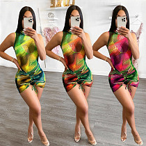 Sexy Mesh See Through Printed Sleeveless Skinny Mini Dresses WXY-8837