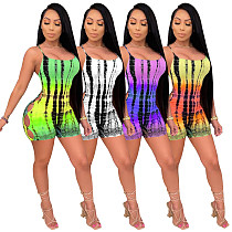 Tie-dye Printed Women Backless Hollow Out Skinny Halter Romper IV-8211