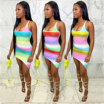 Gradient Rainbow Print Sleeveless Bodycon Irregular Midi Dress WXY-8847