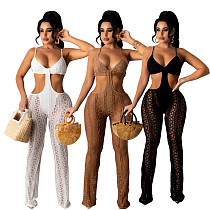 Lace Spliced High-waisted Hollow Out Wrap Chest Halter Jumpsuit TR-1136