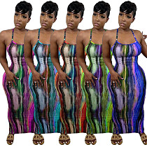 Tie Dye Print Women Strap Sleeveless Bodycon Long Dress NIYA-8056