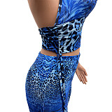 Summer Leopard Print V Neck Crop Top Long Pant 2 Piece Set MR-9052