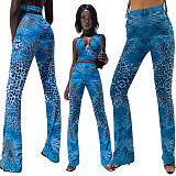 Summer Leopard Print V Neck Crop Top Long Pant 2 Piece Set MR-9052
