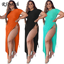 Women Solid Color Short Sleeve O-neck High Slit Bandage Dress FNN-8605