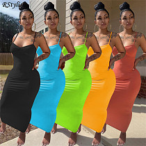 Elegant Women Solid Color Spaghetti Strap Sheath Long Dress MR-9058