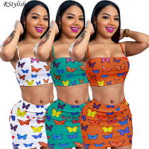 Butterfly Print Summer Sexy Crop Top Mini Skirt Two Piece Set SMY-8089