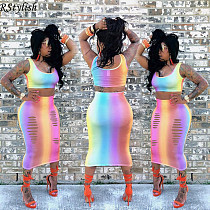 Rainbow Gradient Print Sexy Crop Top Midi Skirt Two Piece Set ASL-6026