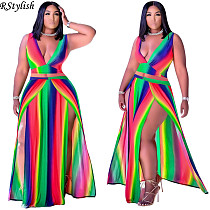 Rainbow Stripe Print Sleeveless Vest Top Split Skirt 2 Piece Set MUL-165