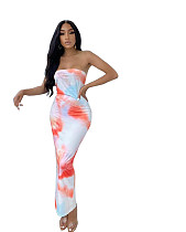 Elegant Women Tie Dye Print Strapless Elastic Long Dress MELS-8249