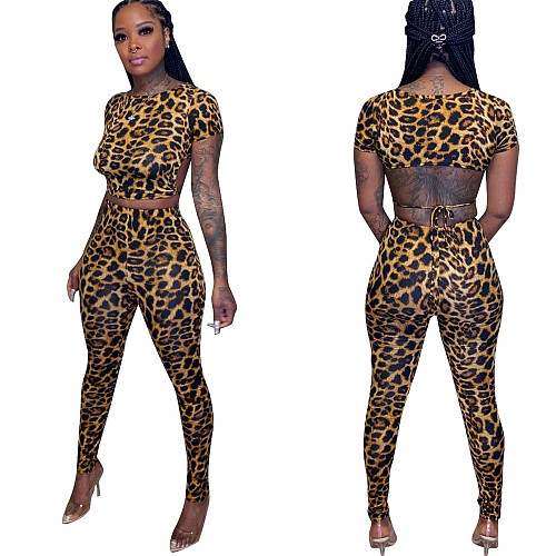 Leopard Print Short Sleeve Backless Crop Top Leggings 2 Pieces MELS-8215