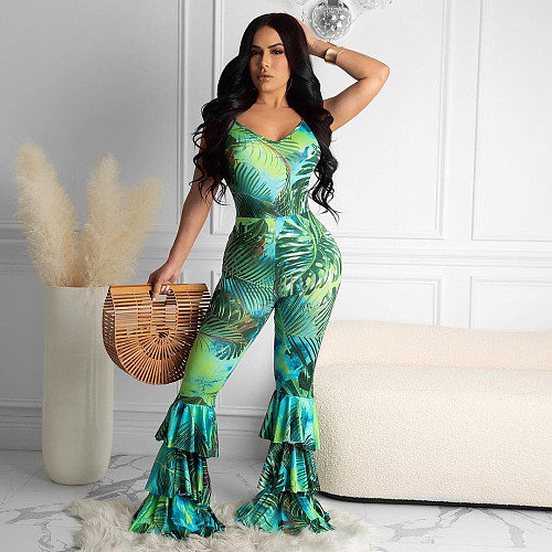 Sexy Print Halter Backless Club Layered Ruffle Flare Jumpsuit QINGS-5086