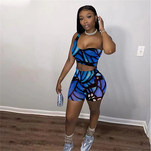 Sexy Butterfly Print One-shoulder Crop Tops Shorts Two Piece Set QINGS-5075
