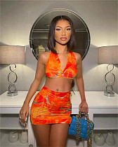 2021 Sexy Print Cleavage Halter Crop Top+Mini Skirt Two Piece Set MELS-8233