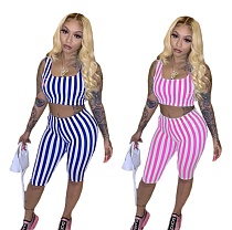 Sexy Sleeveless Stripe Vest Crop Top+Shorts 2 Piece Outfits QS-049