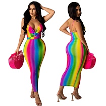 Women Rainbow Color Printed Spaghetti Strap Sexy Bodycon Dress YM-9289