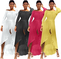 Women Off Shoulder Solid Long Sleeve Ruffle Irregular Long Dress QIY-0345