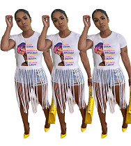 Summer Women's Short-sleeved O-Neck Printed Tassel T-shirt BLN-2302