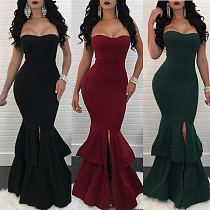 Women's Solid Color Elegant Strapless Fishtail Slit Long Dress LS-0153
