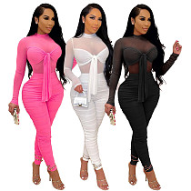 Sexy See Through Women's Solid Mesh Bowknot Long Sleeve Jumpsuits PN-6691