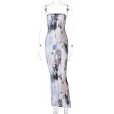 Women Tie Dye Stripe Print Strapless Elastic Skinny Long Dress BLG-083011
